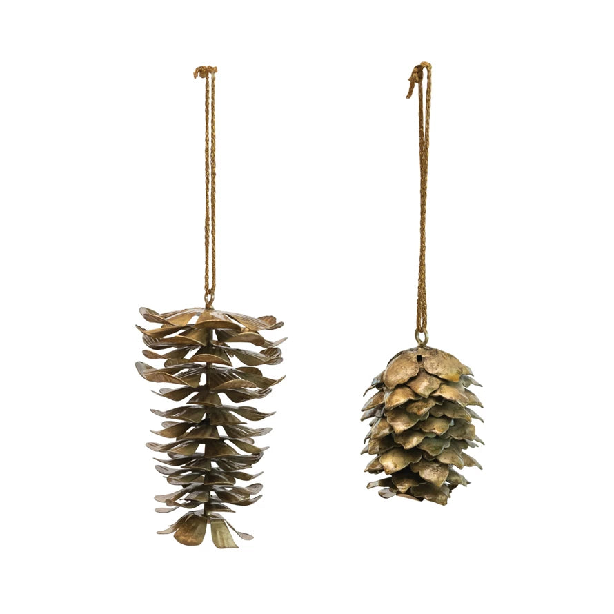 Metal Pinecone Ornament, Distressed Gold Finish, 2 Styles