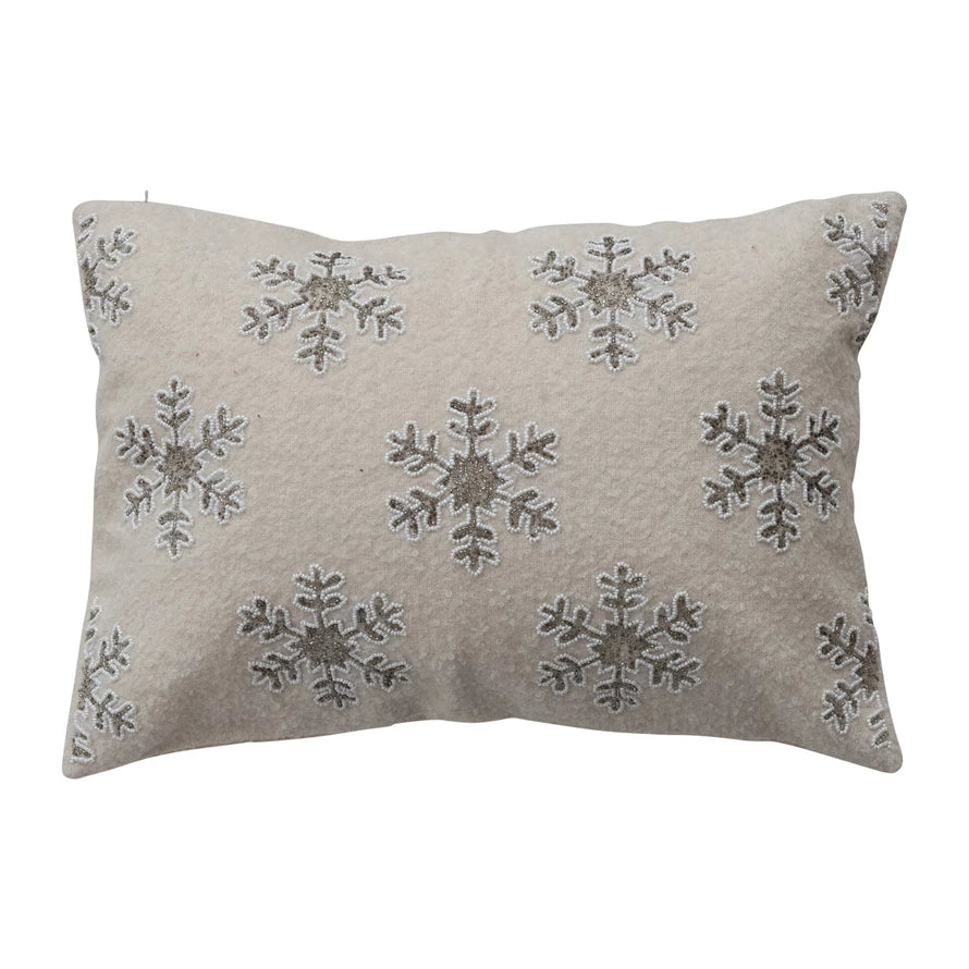 Slub Lumbar Pillow with Beaded Snowflakes, Cream & Silver Finish