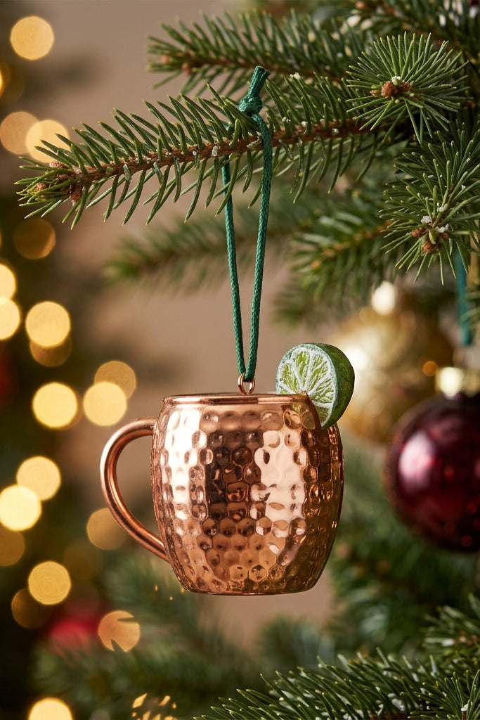 4"L Glass Moscow Mule Ornament with Lime & Glitter, Copper Finish