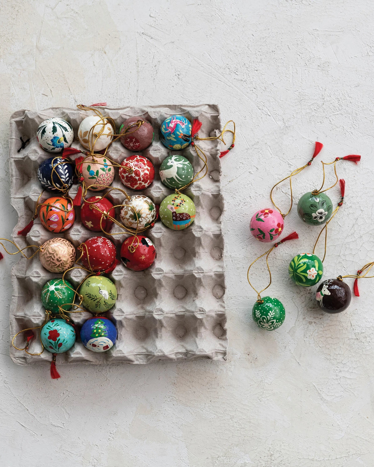 1" Round Hand-Painted Paper Mache Ball Ornaments in Egg Crate, Multi Color, Set of 24