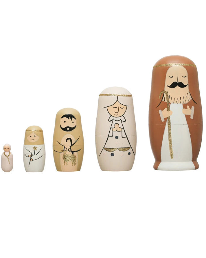1-1/4"H - 5-1/2"H Hand-Painted Wood Nativity Nesting Dolls, Multi Color, Set of 5