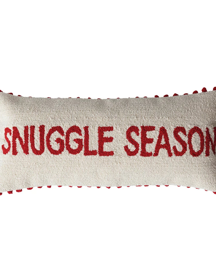 Tufted Lumbar Pillow with Pom Pom Trim "Snuggle Season", Natural & Red