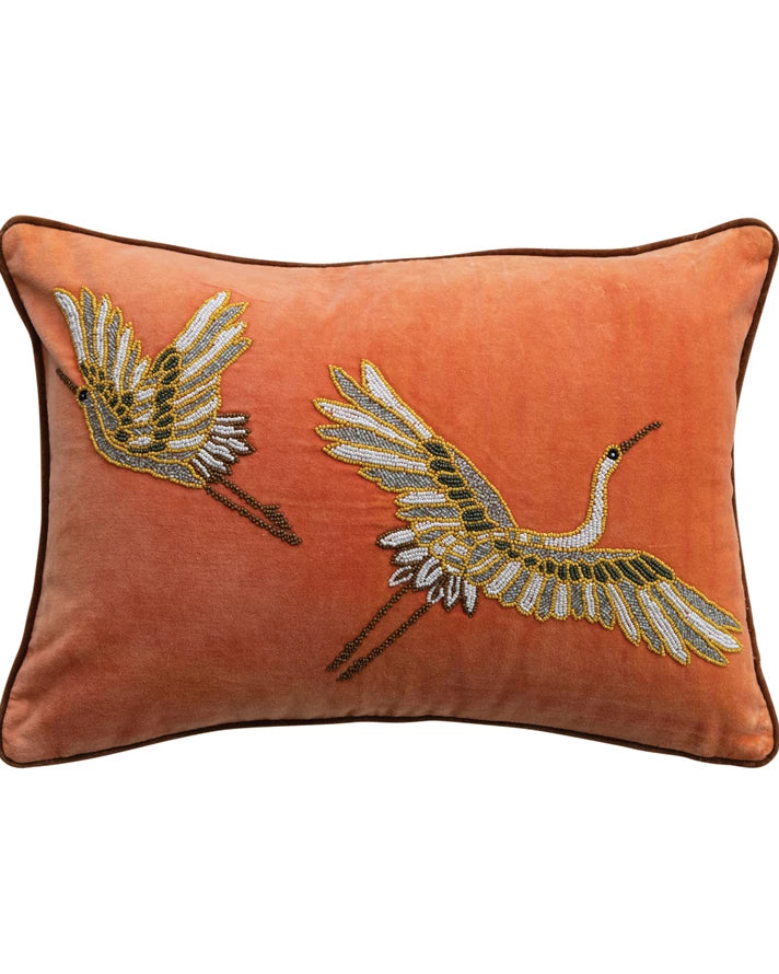 Cotton Velvet Lumbar Pillow with Beaded Cranes & Piping