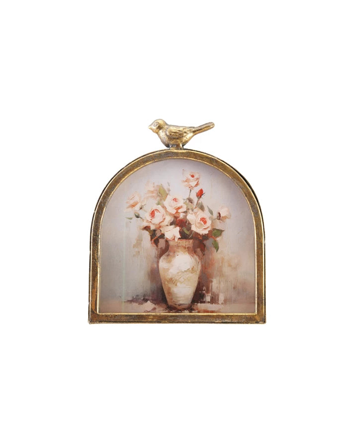 MDF & Metal Arched Photo Frame with Bird Finial, Antique Gold Finish (Holds 5" x 5" Photo)