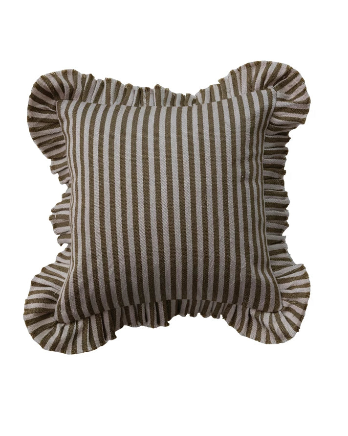 18" Square Woven Fabric Indoor/Outdoor Pillow with Stripes & Ruffle, Natural & Tan Color