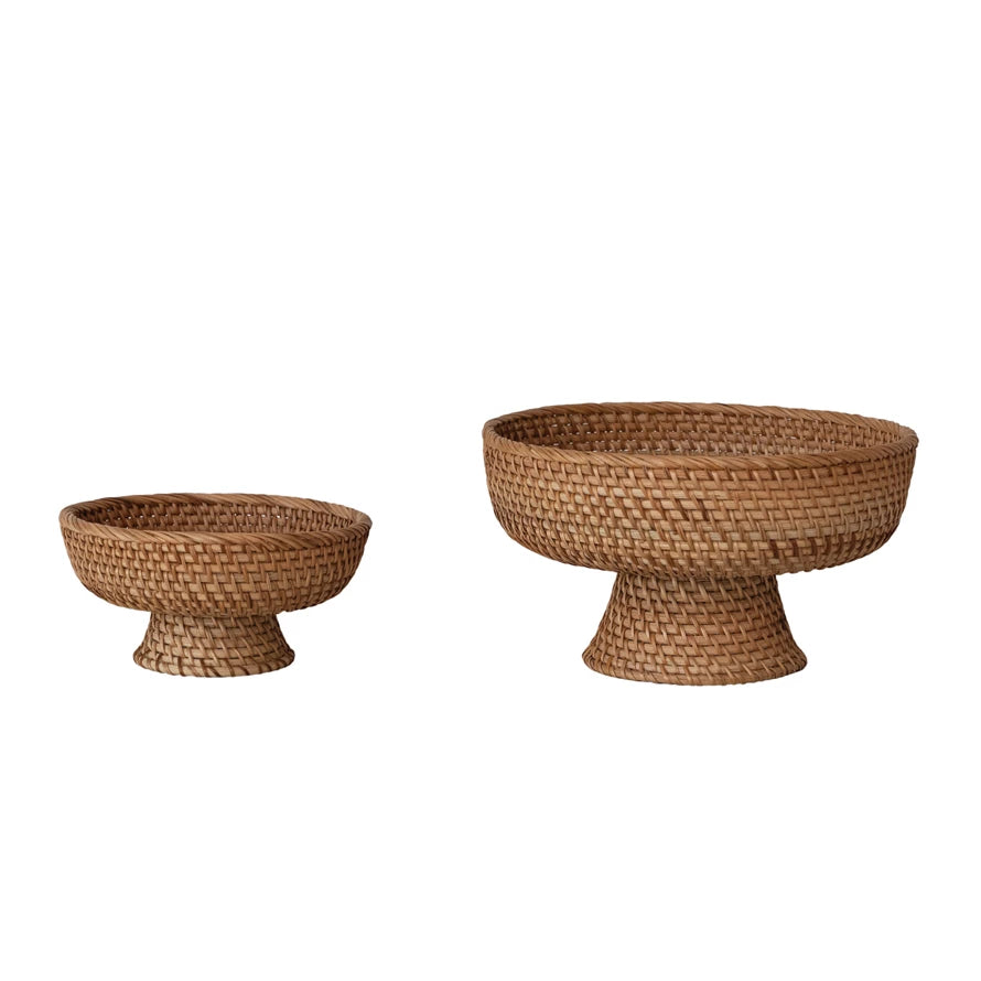 Decorative Hand-Woven Rattan Footed Bowls, Natural, Set of 2