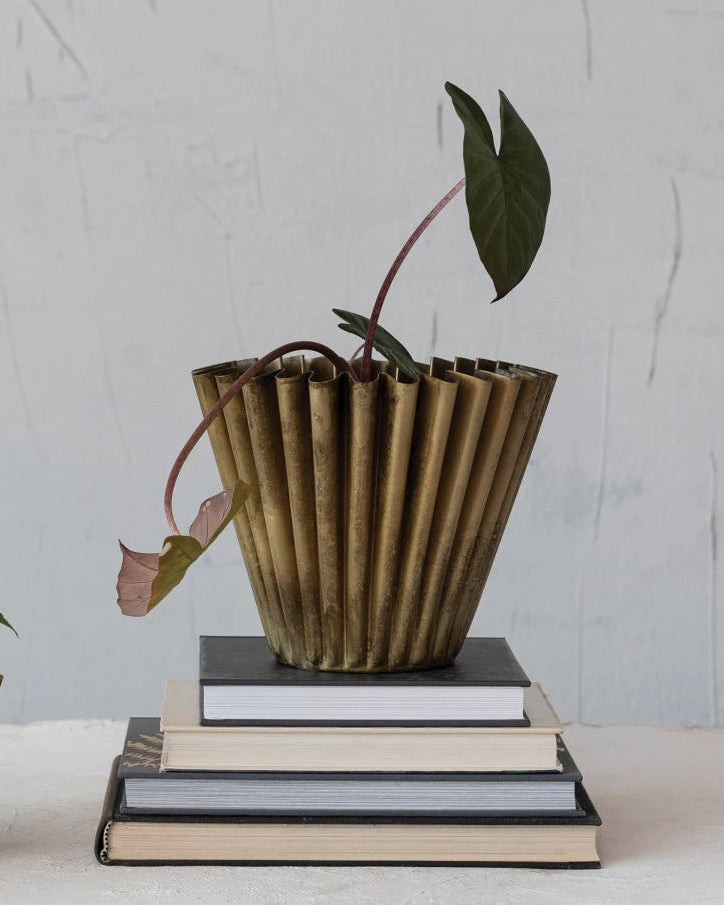 Fluted Metal Planter, Brass Finish