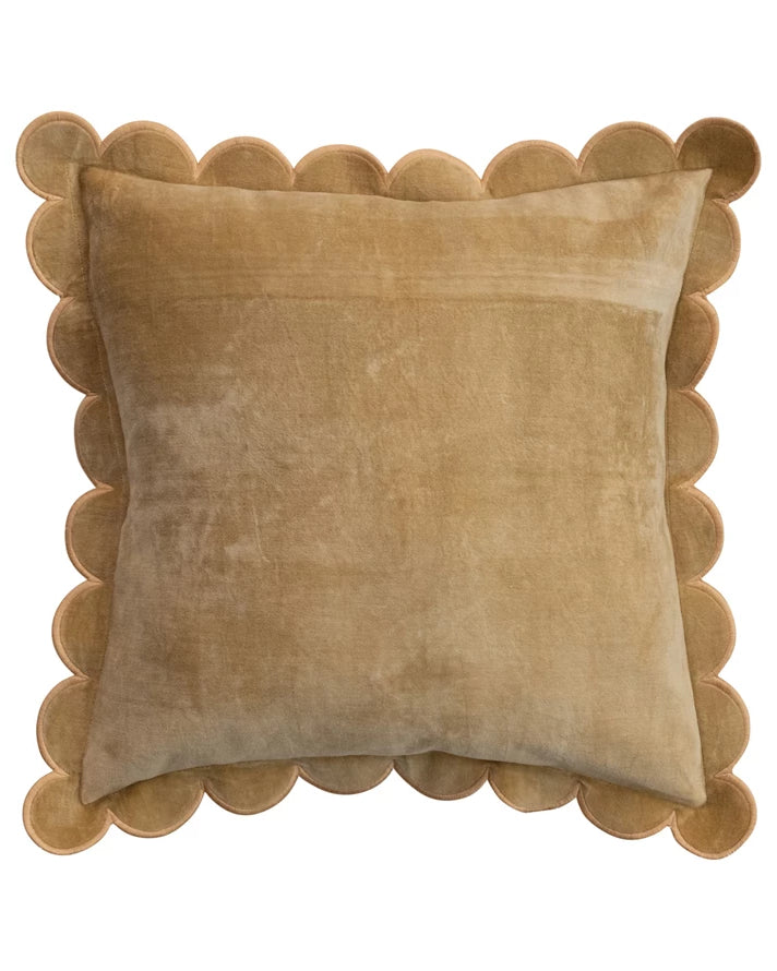 Cotton Velvet Pillow w/ Scalloped Flange & Embroidered Edge, Mustard Color