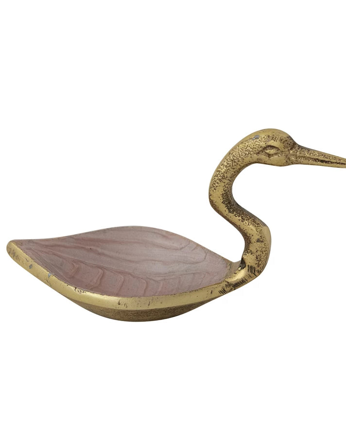 6-1/4"L x 2-1/4"W Enameled Cast Aluminum Bird Bowl, Antique Gold Finish & Blush Color