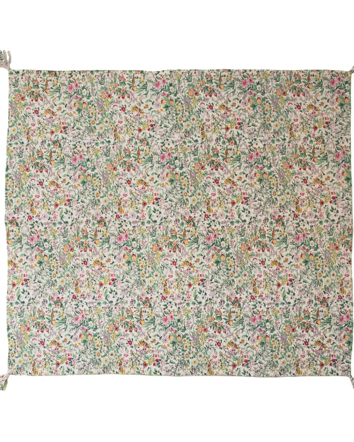 Quilted Cotton Throw with Floral Pattern, Kantha Stitch and Tassels