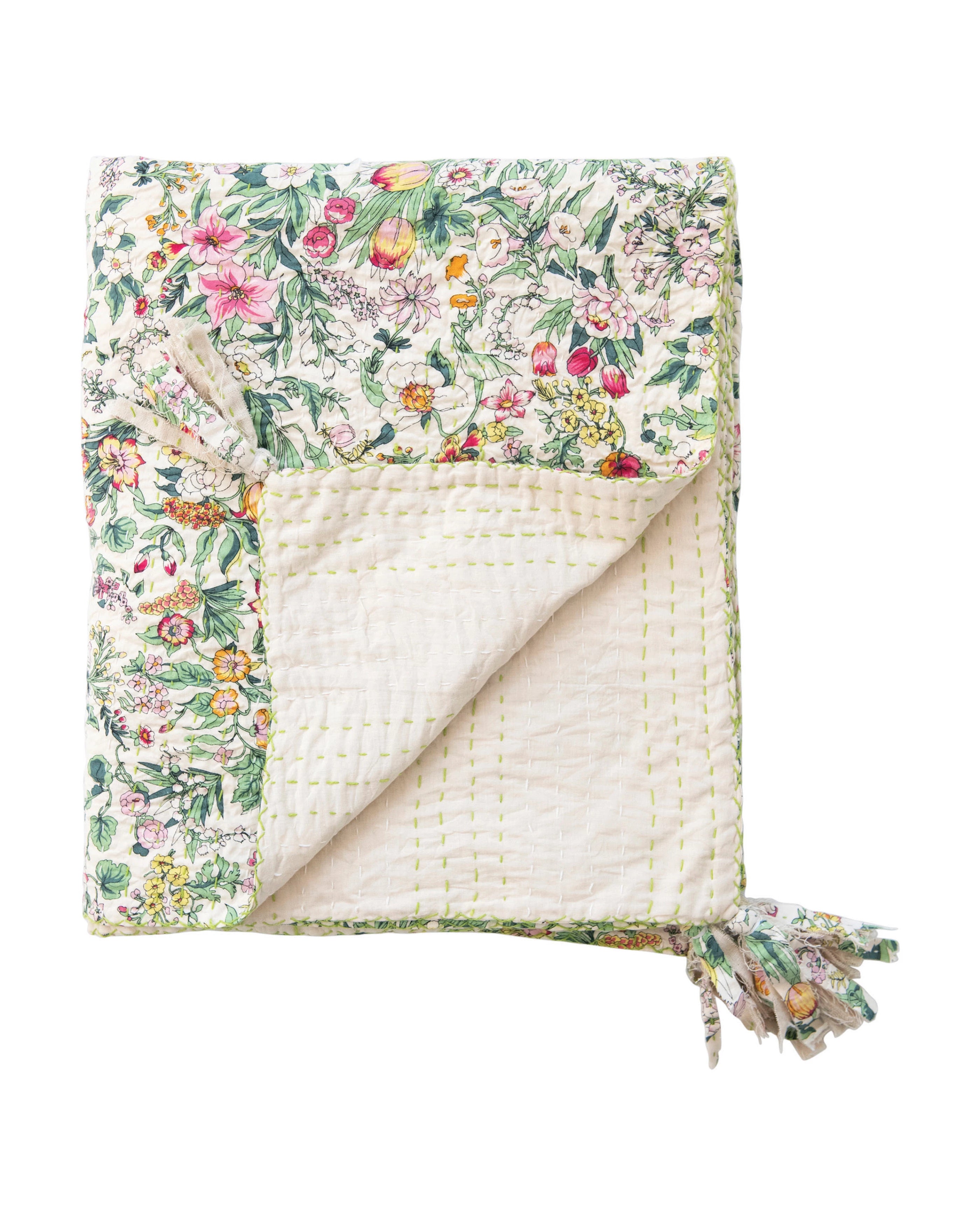 Quilted Cotton Throw with Floral Pattern, Kantha Stitch and Tassels