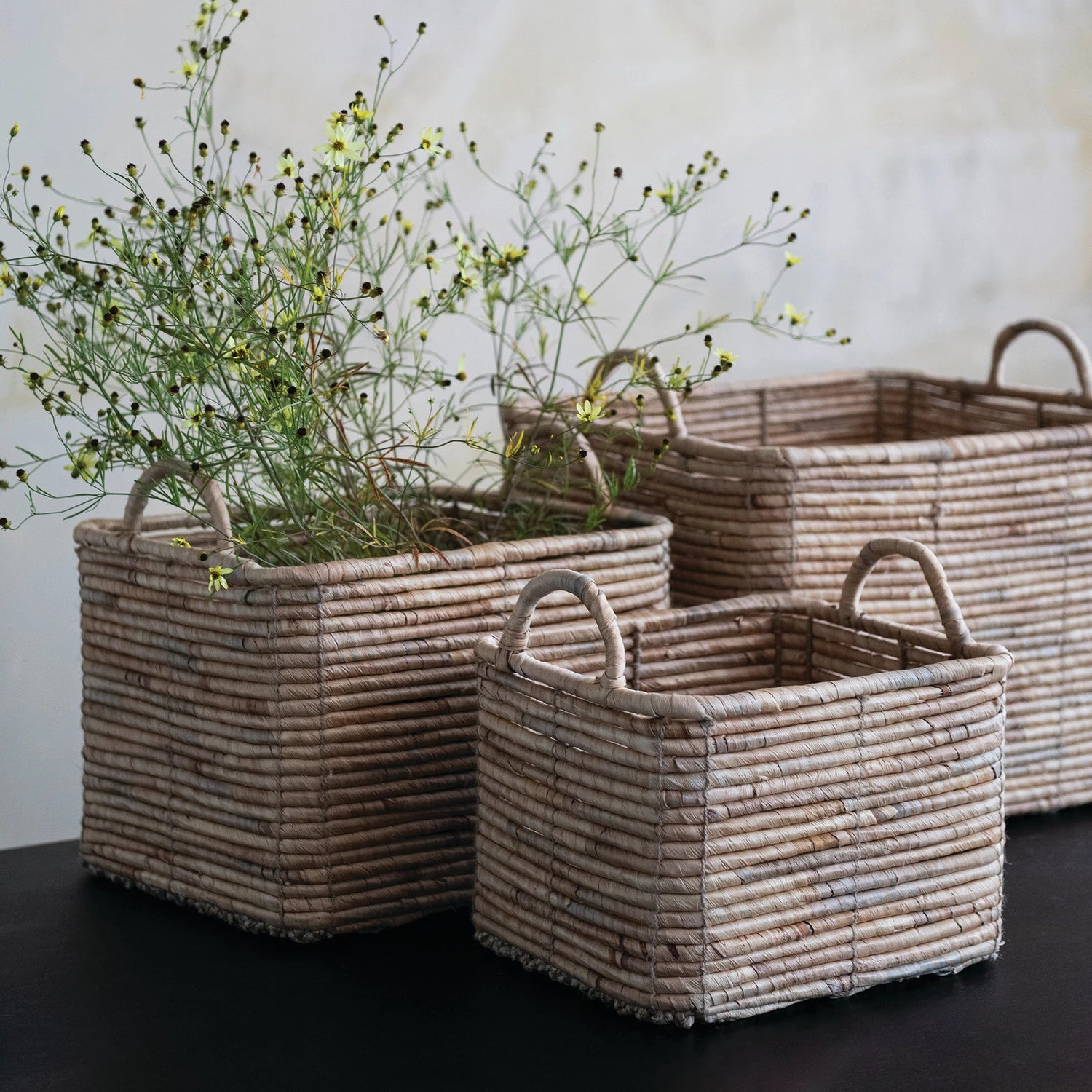 Hand-Woven Water Hyacinth Nesting Baskets with Handles, Natural, Set of 3
