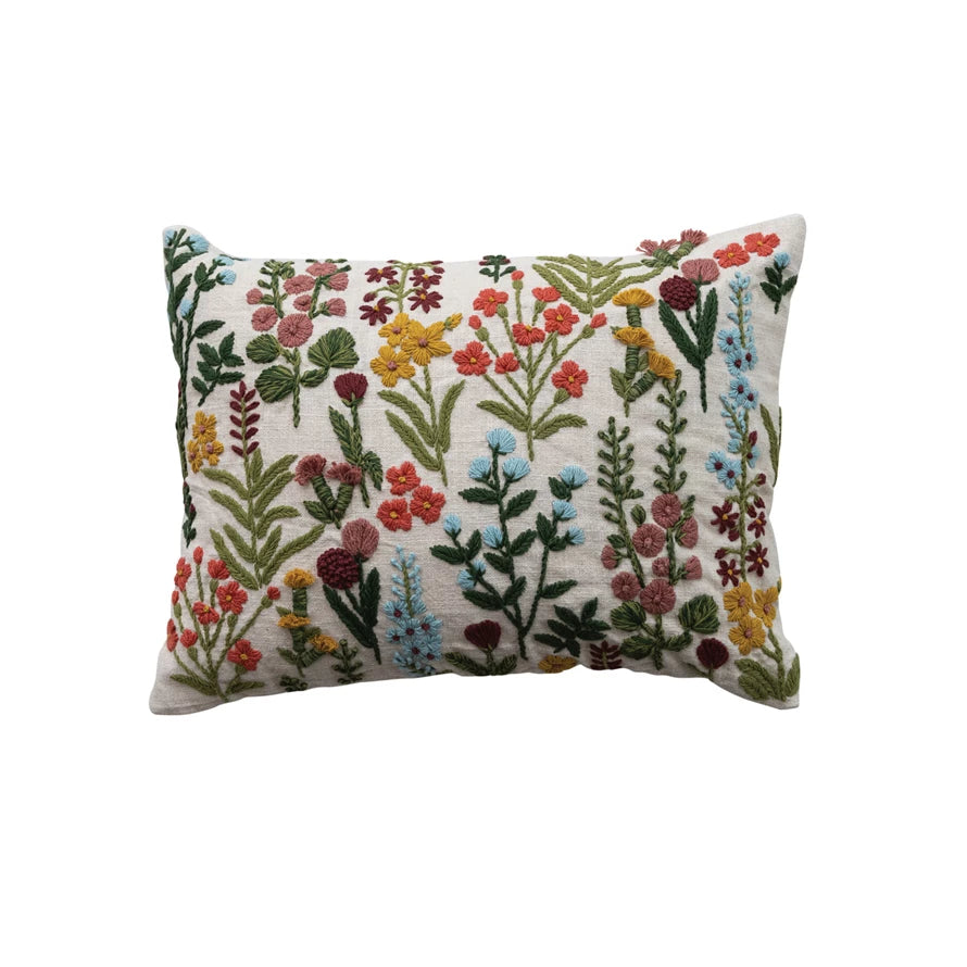 Cotton Slub Lumbar Pillow with Hand-Embroidered Flowers