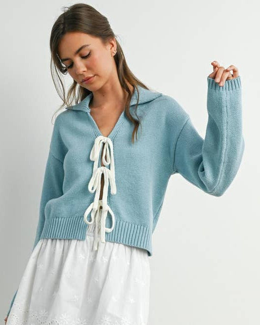 Tie-Front Collared V-Neck Knit Long Sleeve Top - BMW7894