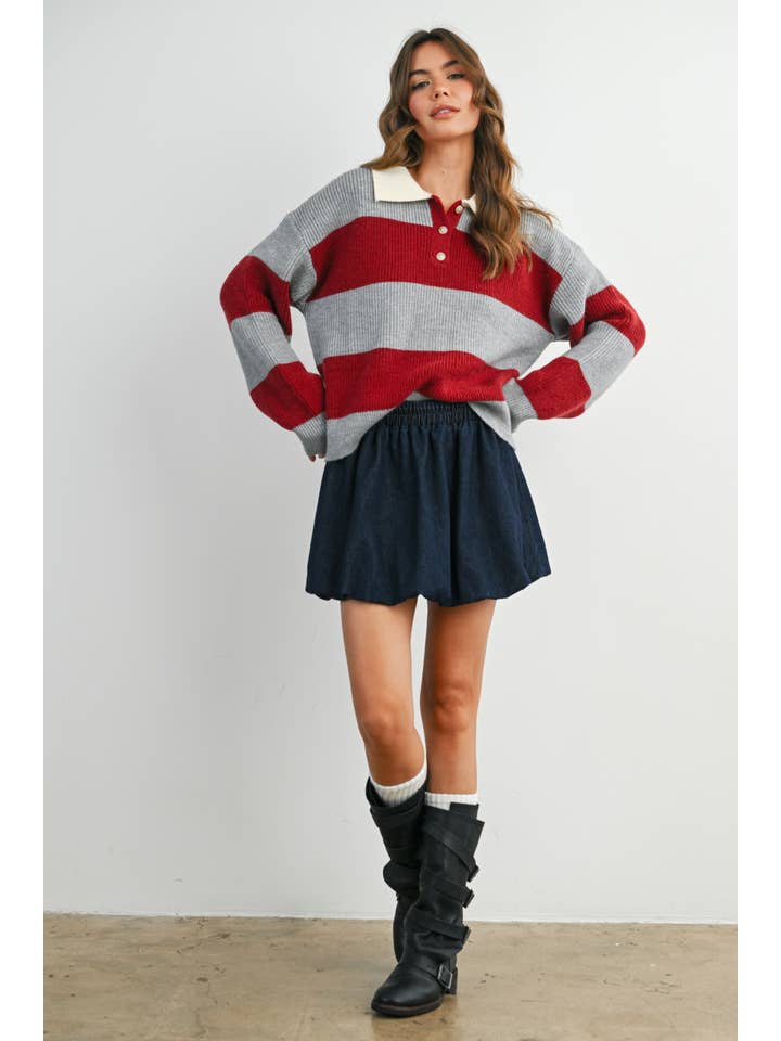 Buttoned Striped Collared Long Sleeve Top - BMW7979