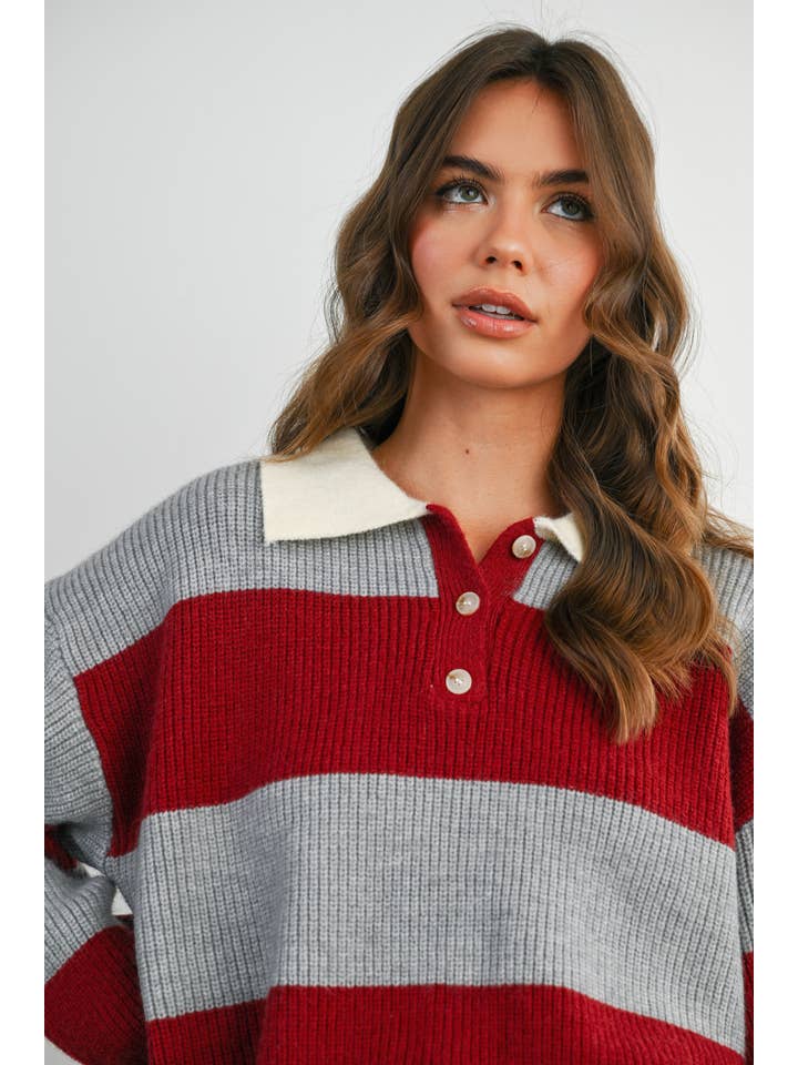 Buttoned Striped Collared Long Sleeve Top - BMW7979