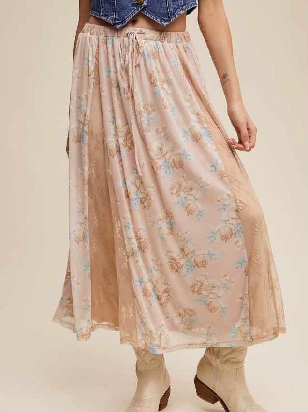 Floral Mesh and Lace-Panel Midi Skirt