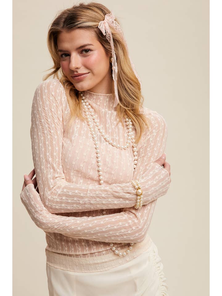 Semi Sheer Textured Lace Long-Sleeve Layering Top LT1424