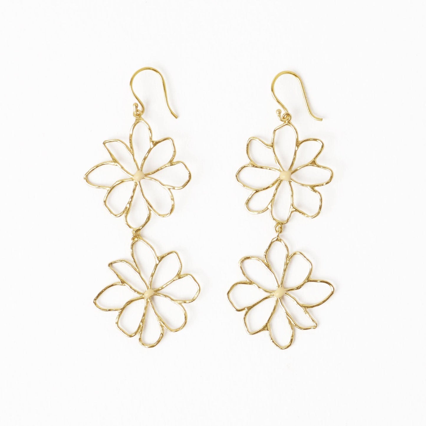 Farrah Double Flower Drop Earrings Brass With Ivory Enamel Centers