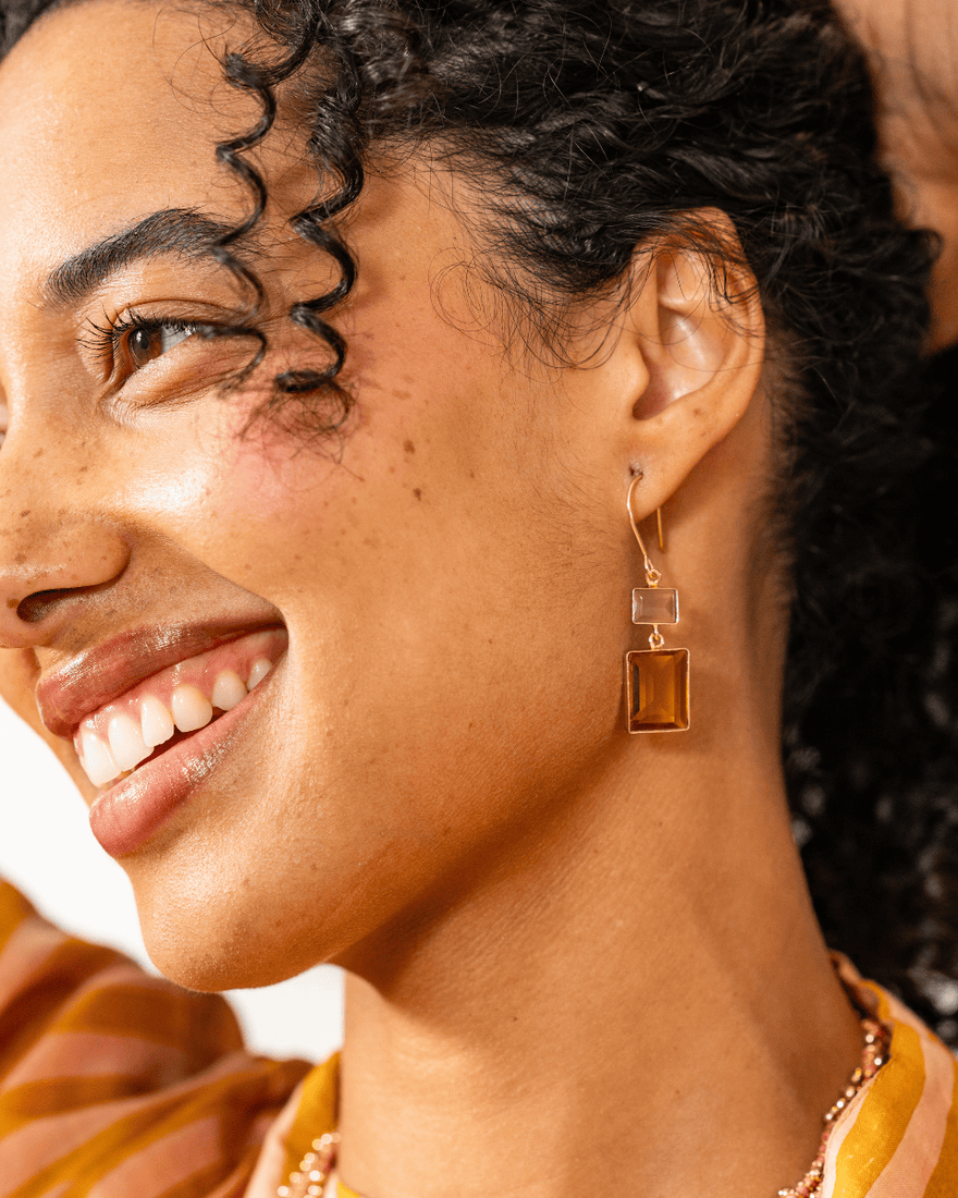 Veronica Two Tone Color Cut Glass Dangle Earring Amber