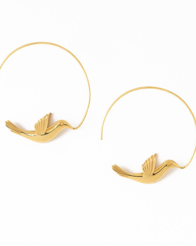 Wren Bird Hoop Earrings Brass
