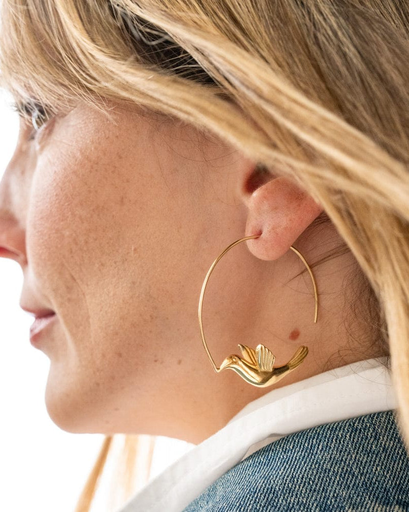 Wren Bird Hoop Earrings Brass
