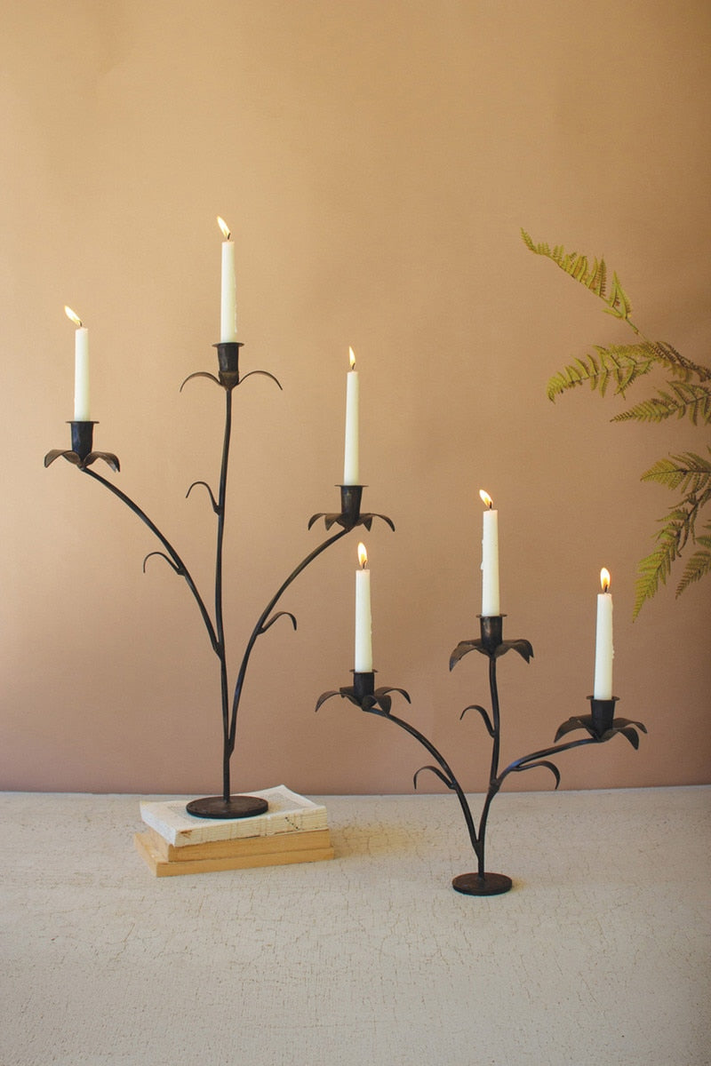 Set of 2 Forged-Iron Triple Taper Candelabras