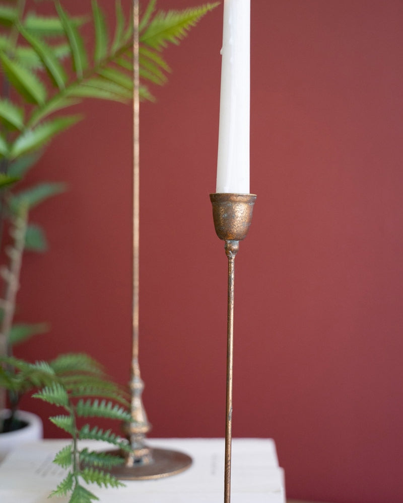 Set of 2 Tall Antique Brass Taper Candle Holders