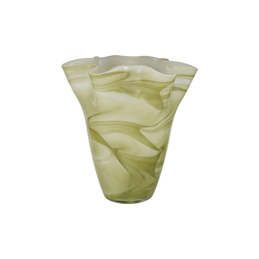 Hand-Blown Glass Ruffled Vase with Swirled Design, Opaque Green & White (Each One Will Vary)