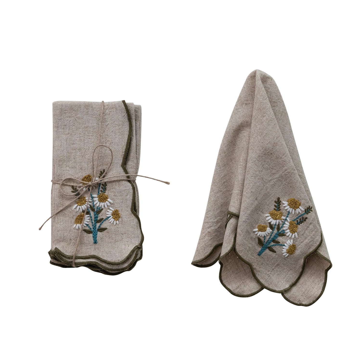 Scalloped Napkins with Contrasting Stitched Edges, Set of 4 Tied with Jute