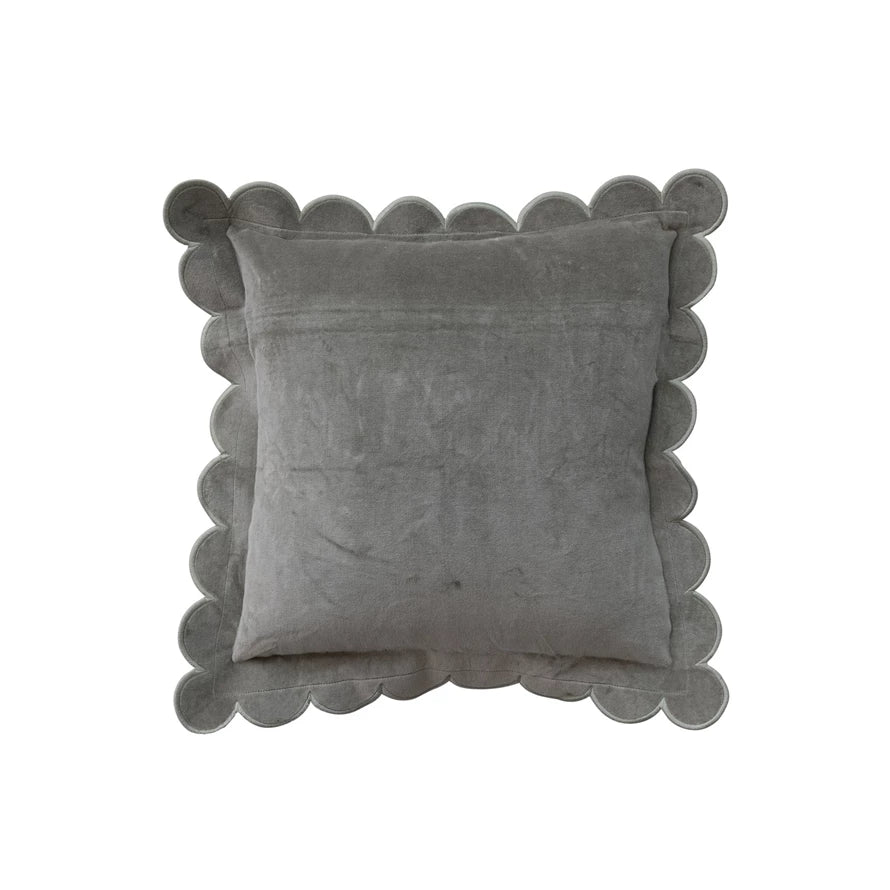 18" Square Cotton Velvet Pillow with Scalloped Flange & Stitched Edge, Green