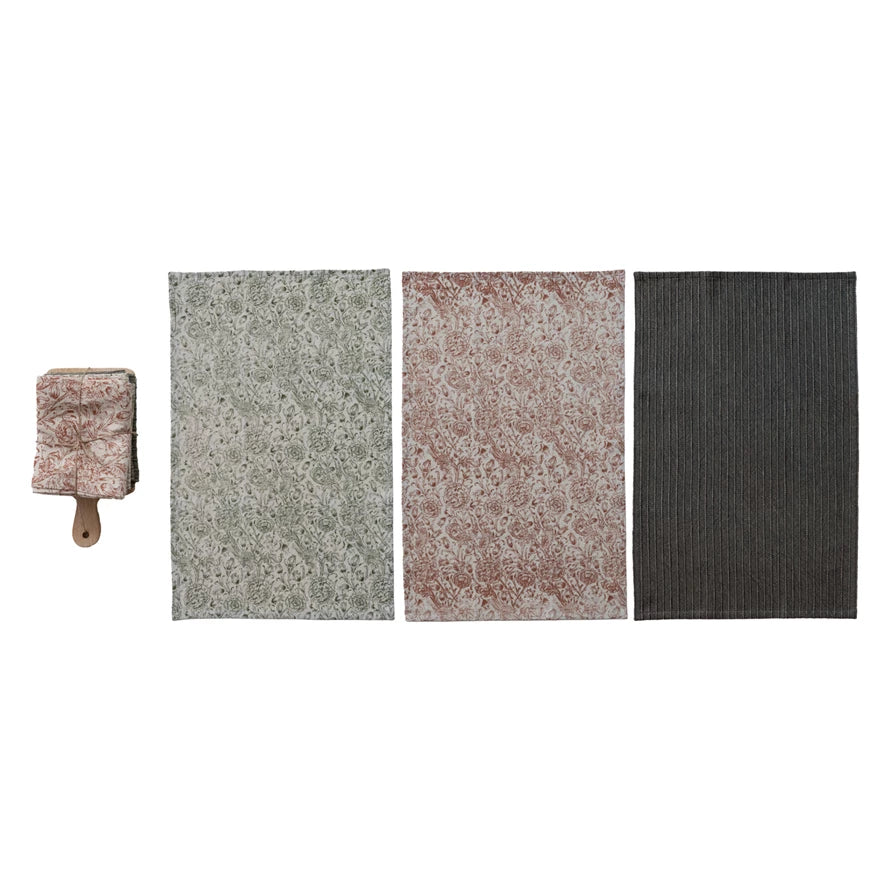 (3) Tea Towels & Mango Wood Cheese/Serving Board, Set of 4 Tied with Jute & Wood Bead