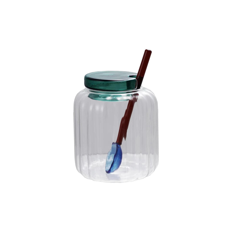 8 oz. Pleated Glass Jar with Lid & Spoon, Set of 2