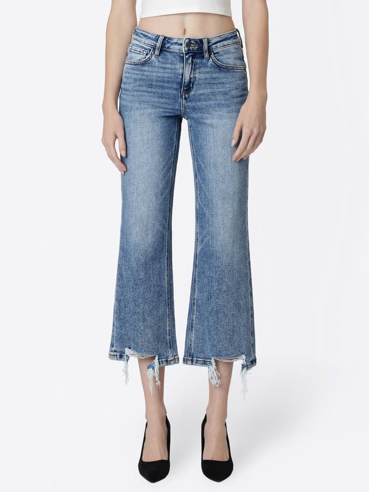 Mid Rise Medium Wash Crop Vintage Flare Jeans F9127