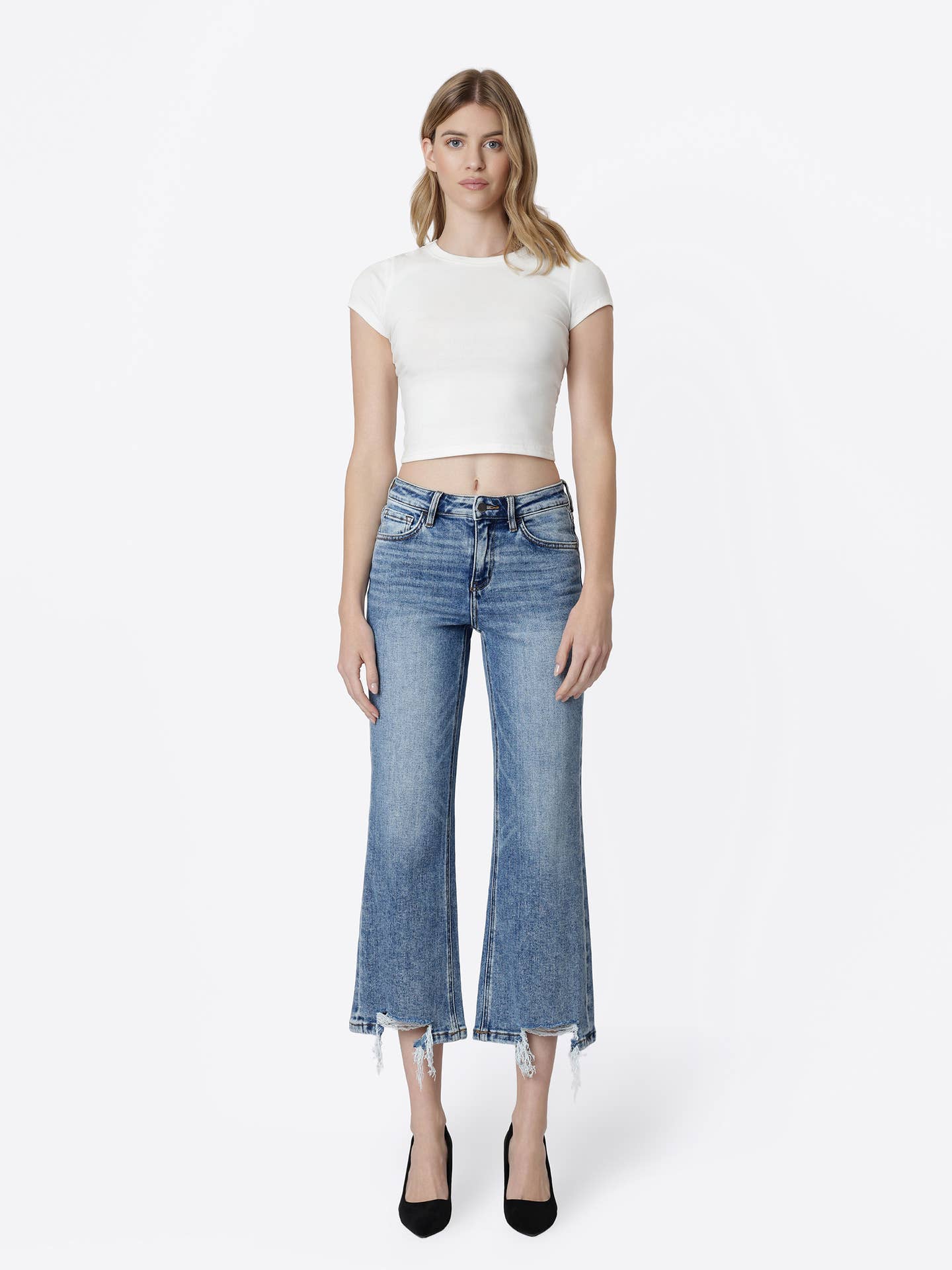 Mid Rise Medium Wash Crop Vintage Flare Jeans F9127