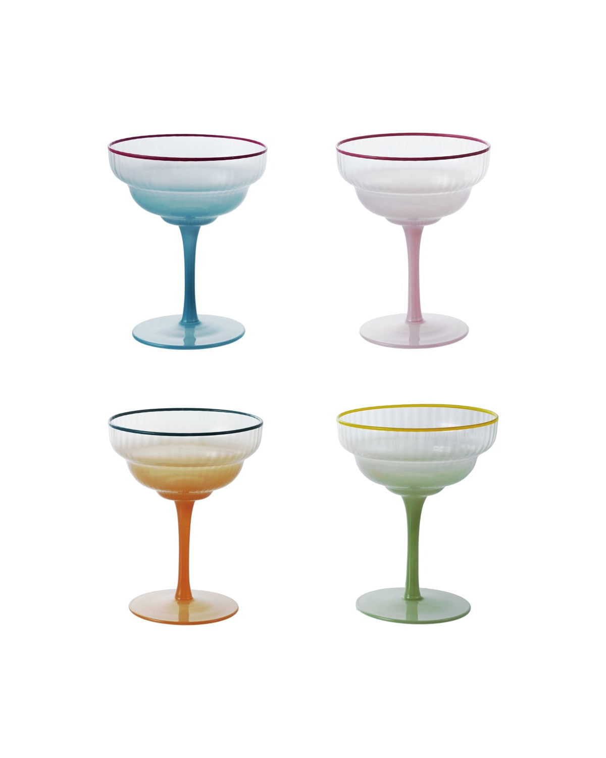 4 oz. Fluted Stemmed Coupe Glass with Colored Rim, 4 Ombre Colors