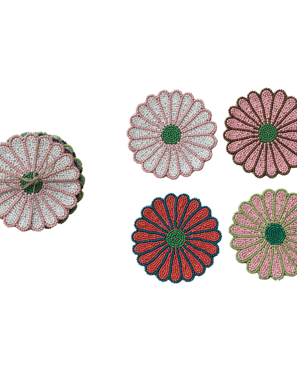 Glass Beaded Flower Shaped Coasters, Set of 4 Tied with Jute