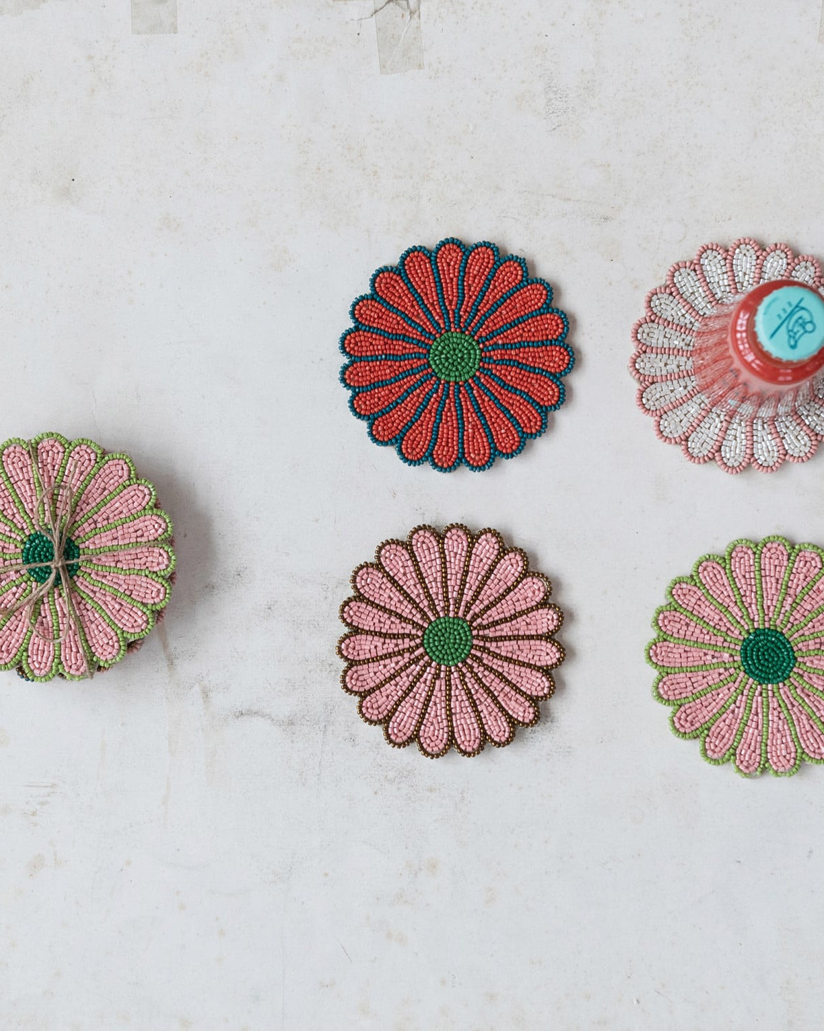 Glass Beaded Flower Shaped Coasters, Set of 4 Tied with Jute