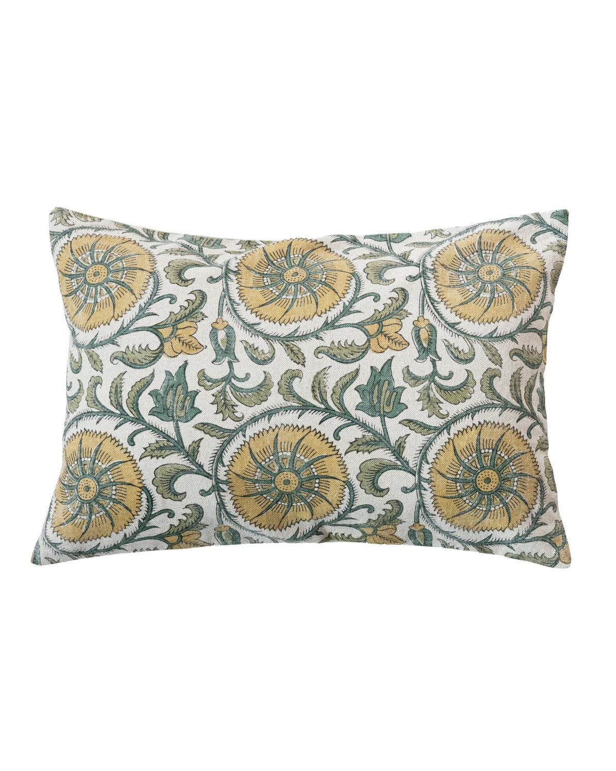 Linen & Cotton Block Printed Lumbar Pillow w/ Pattern & Chambray Back