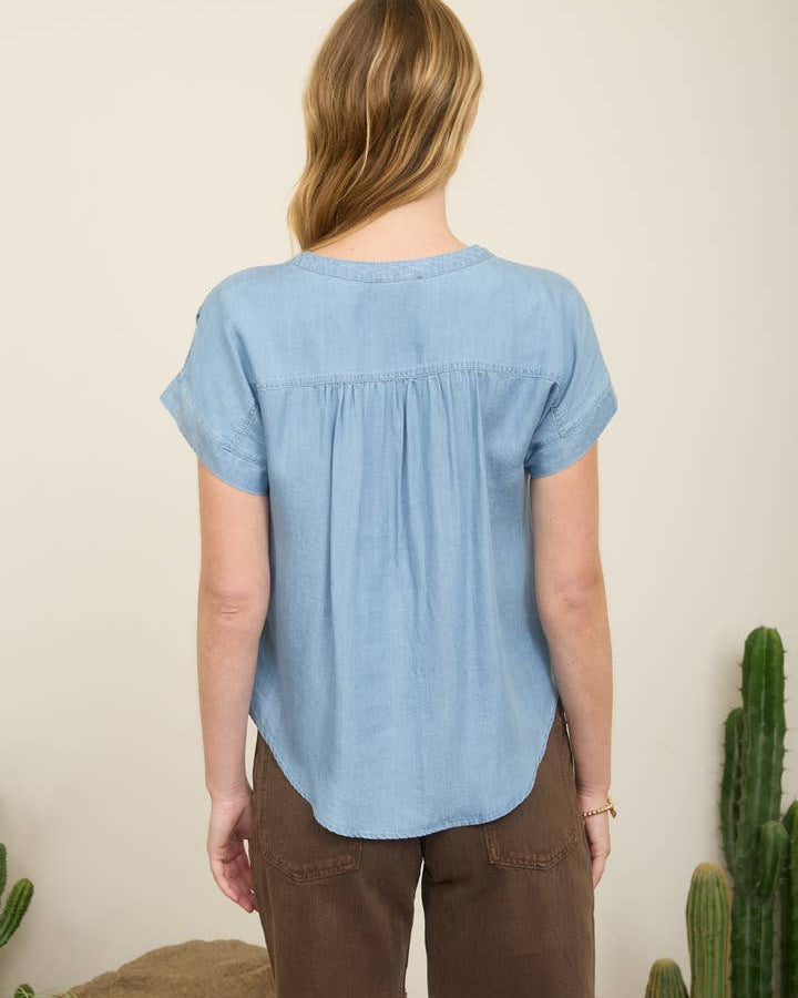 Chambray Henley Ruched Shoulder Short Sleeve Top