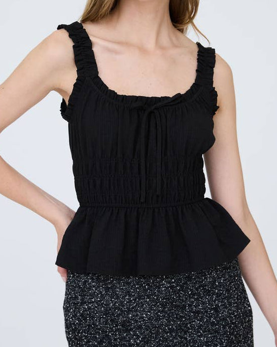 Ruffled Front Tie Shirred Waist Tank Top