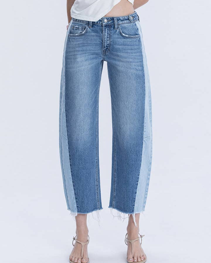 High Rise Two Tone Barrel Leg Jeans F6041