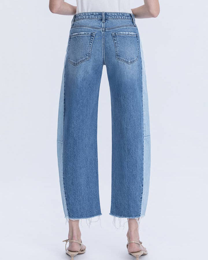 High Rise Two Tone Barrel Leg Jeans F6041
