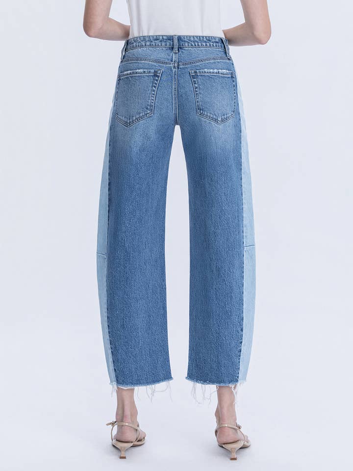 High Rise Two Tone Barrel Leg Jeans F6041
