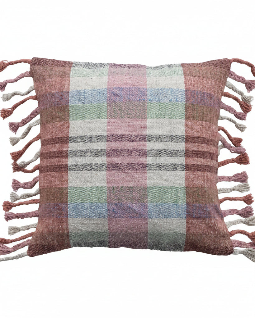 20" Square Woven Recycled Cotton Blend Pillow w/ Braided Fringe