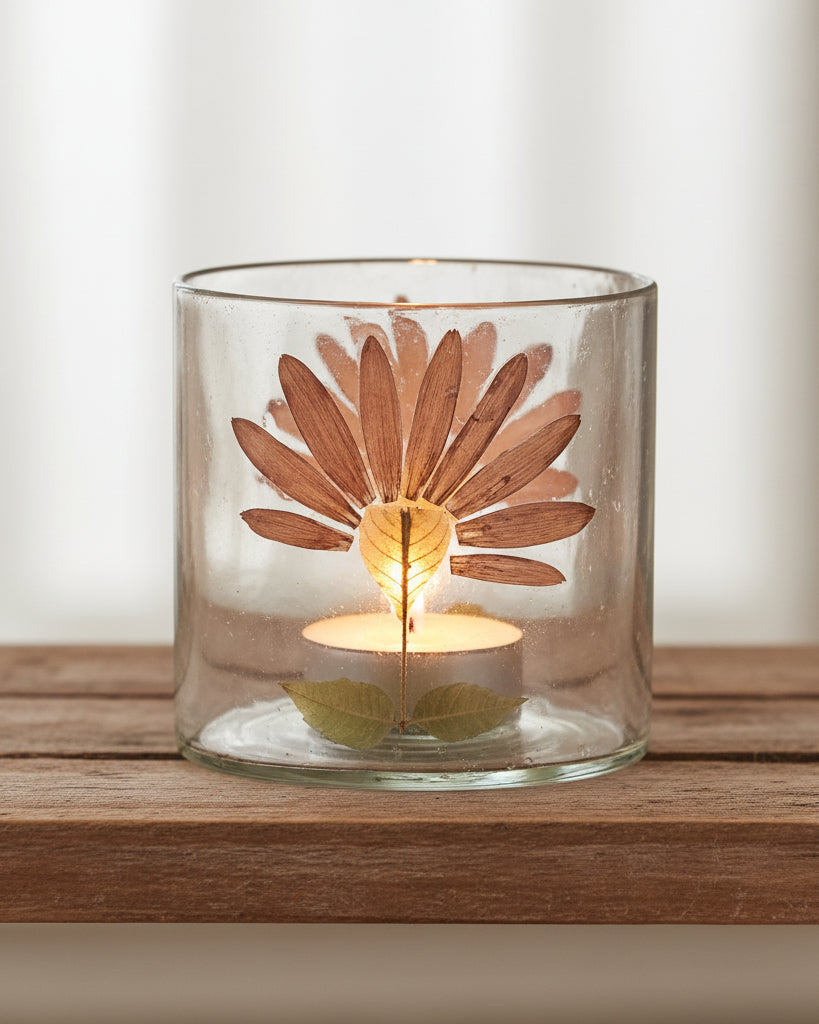 Votive Holder with Embedded Natural Gerbera Daisy (Each Will Vary)