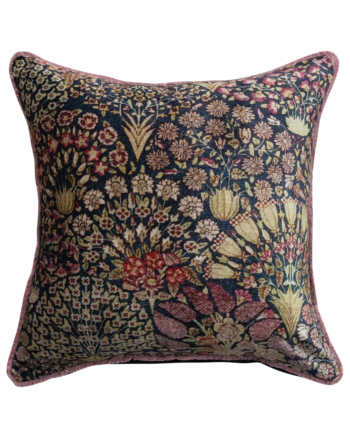Cotton Velvet Printed Pillow w/ Botanical Pattern & Eyelash Fringe