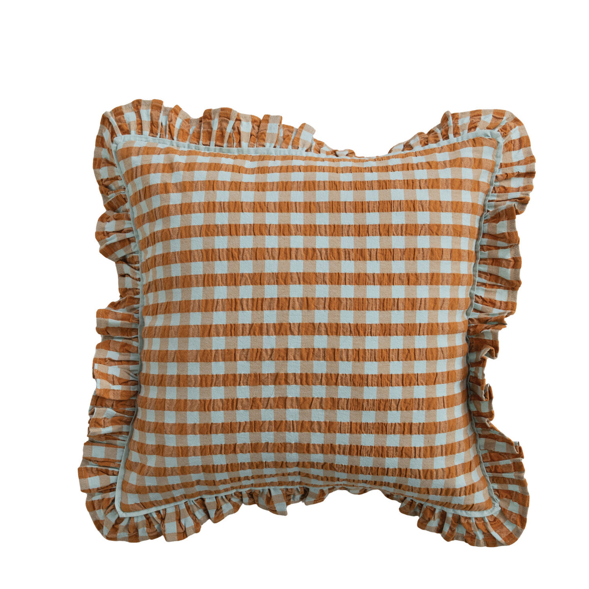 18" Square Cotton Pillow with Check Pattern & Ruffle, Brown & Blue