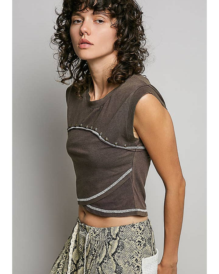Slim Fit Round Neck Outseam Overlock Stud Cotton Jersey Top