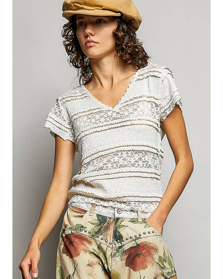 Feminine Lace V Neck Short Sleeve Top Trim Raw Edge